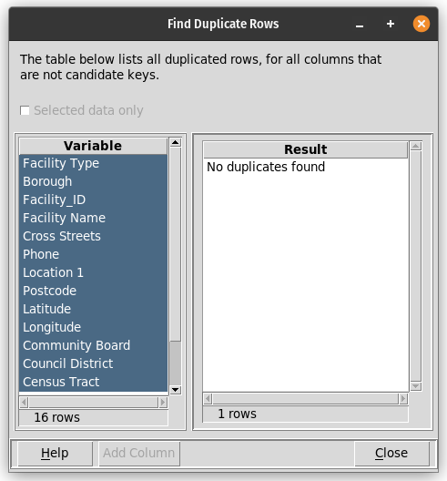 Dialog that displays any duplicate rows that are found, with a unique identifier for each set of duplicates.